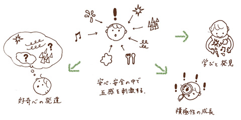 安心・安全の中で五感を刺激する　好奇心の発達・積極性の成長・学びと発見